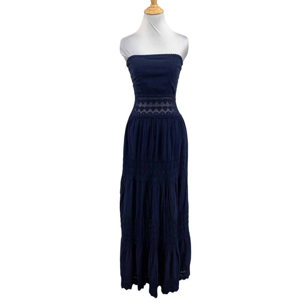 Blanco By Nature Dress Womens S Small Navy Strapless Tiered Crochet Trim Maxi